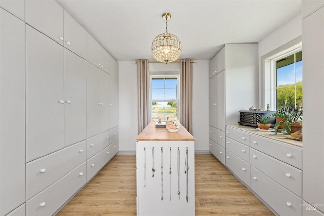 spacious closet with an inviting chandelier and light wood-type flooring