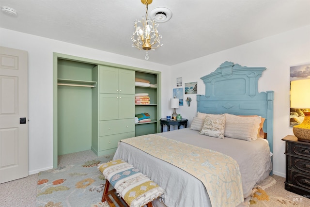 bedroom featuring light carpet and a closet