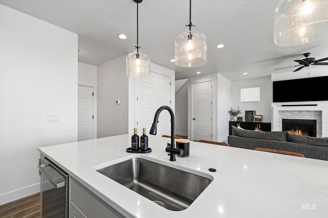 kitchen with a sink, stainless steel dishwasher, dark wood finished floors, a lit fireplace, and light countertops