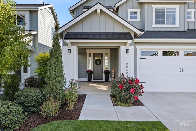 view of front facade featuring board and batten siding and an attached garage