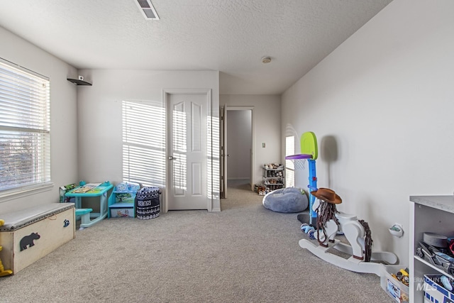 rec room with a textured ceiling and carpet flooring