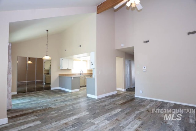 1120 SW 14th Ave, Ontario, OR 97914 - unfurnished living room with high vaulted ceiling, ceiling fan, wood finished floors, and beam ceiling