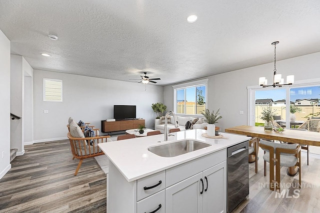 kitchen with stainless steel dishwasher, a sink, wood finished floors, ceiling fan, and a chandelier
