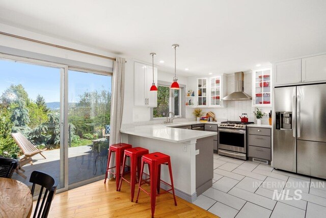 606 S Ridge Rd, Moscow, ID 83843 - kitchen with appliances with stainless steel finishes, wall chimney range hood, a peninsula, a kitchen breakfast bar, and light countertops
