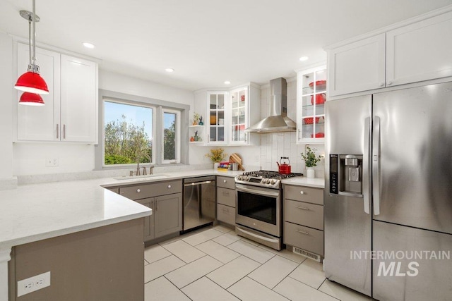 606 S Ridge Rd, Moscow, ID 83843 - kitchen with appliances with stainless steel finishes, wall chimney range hood, a sink, decorative light fixtures, and glass insert cabinets