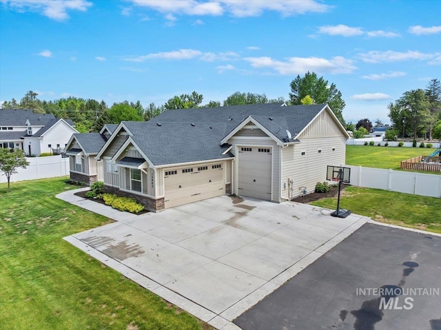 14942 Midway Rd, Nampa, ID 83651 - view of front of property featuring an attached garage, stone siding, concrete driveway, a shingled roof, and board and batten siding