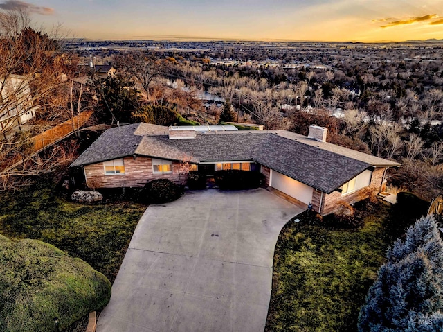 view of aerial view at dusk