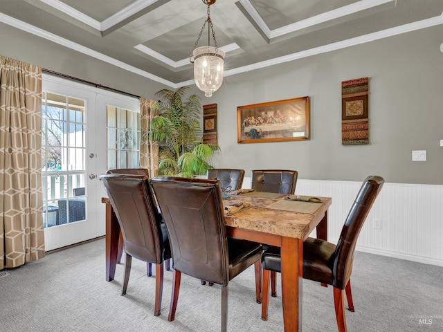 1546 N Dragonfly Ct, Eagle, ID 83616 - carpeted dining area with an inviting chandelier, french doors, crown molding, and coffered ceiling