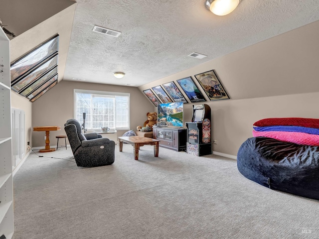 1546 N Dragonfly Ct, Eagle, ID 83616 - carpeted living room with a textured ceiling, visible vents, vaulted ceiling, and baseboards