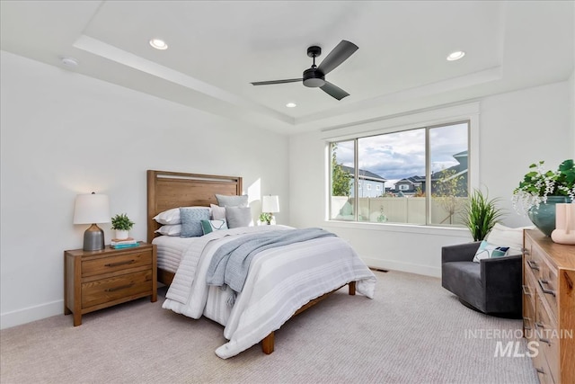11270 S Saylis Way, Kuna, ID 83634 - bedroom with a raised ceiling, light colored carpet, recessed lighting, and ceiling fan