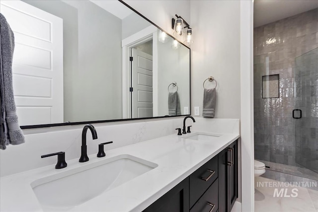 bathroom featuring toilet, a shower stall, double vanity, and a sink