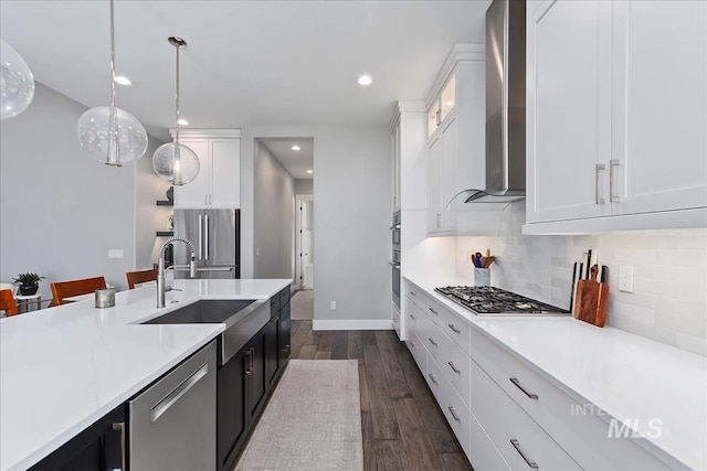 kitchen featuring stainless steel appliances, light countertops, decorative backsplash, a sink, and wall chimney exhaust hood