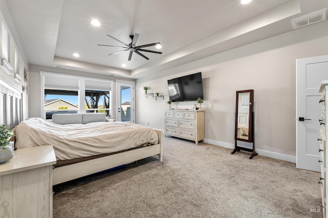 3056 E Columbus River Ct, Nampa, ID 83686 - bedroom with visible vents, recessed lighting, a raised ceiling, and access to exterior