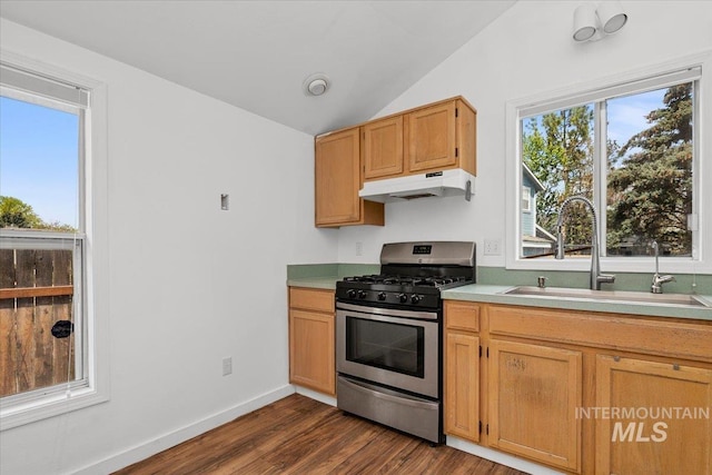 2702 N Camden Pl, Boise, ID 83704 - kitchen featuring dark wood finished floors, under cabinet range hood, stainless steel gas range oven, vaulted ceiling, and a sink