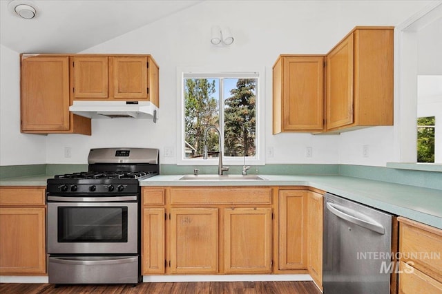 2702 N Camden Pl, Boise, ID 83704 - kitchen featuring stainless steel appliances, a sink, lofted ceiling, light countertops, and under cabinet range hood