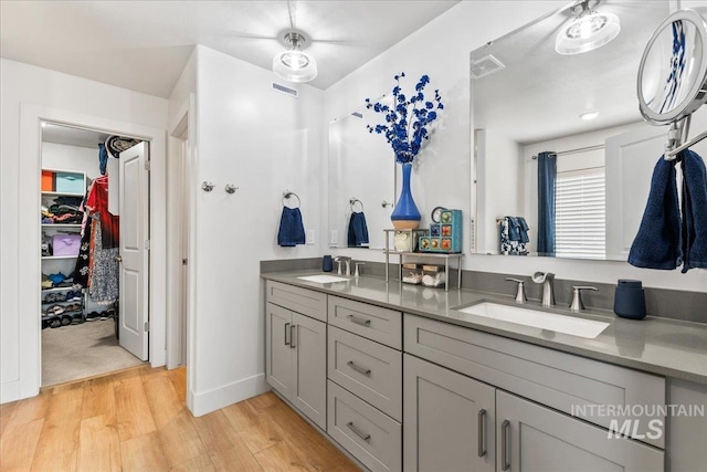 11211 Sopris Loop, Caldwell, ID 83605 - bathroom with wood finished floors, double vanity, a walk in closet, and baseboards