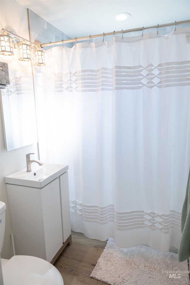 bathroom featuring vanity, wood-type flooring, and toilet