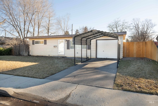 single story home with a carport, a garage, and a front lawn