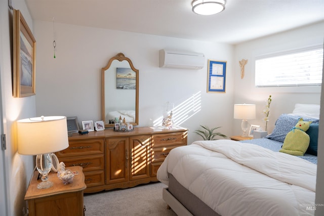 bedroom with light carpet and an AC wall unit