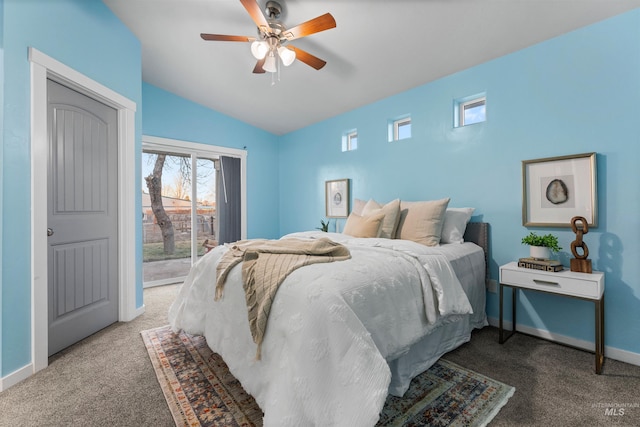 carpeted bedroom featuring ceiling fan and lofted ceiling