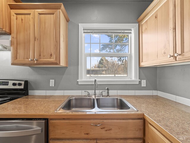 3500 W Overland, Boise, ID 83705 - kitchen featuring light countertops, a sink, electric stove, and light brown cabinetry