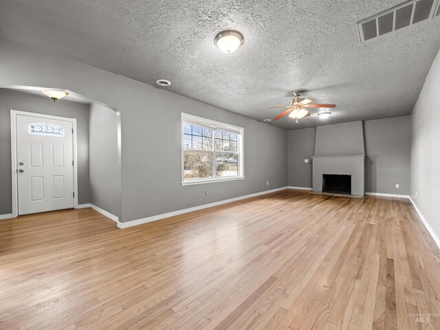 3500 W Overland, Boise, ID 83705 - unfurnished living room with a fireplace, visible vents, a ceiling fan, and light wood finished floors