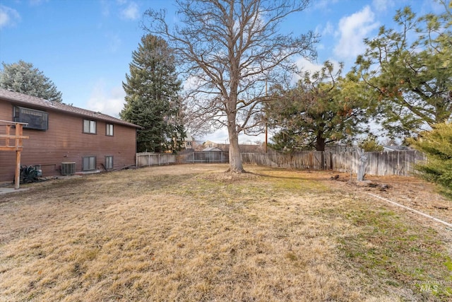 view of yard featuring central AC and fence private yard