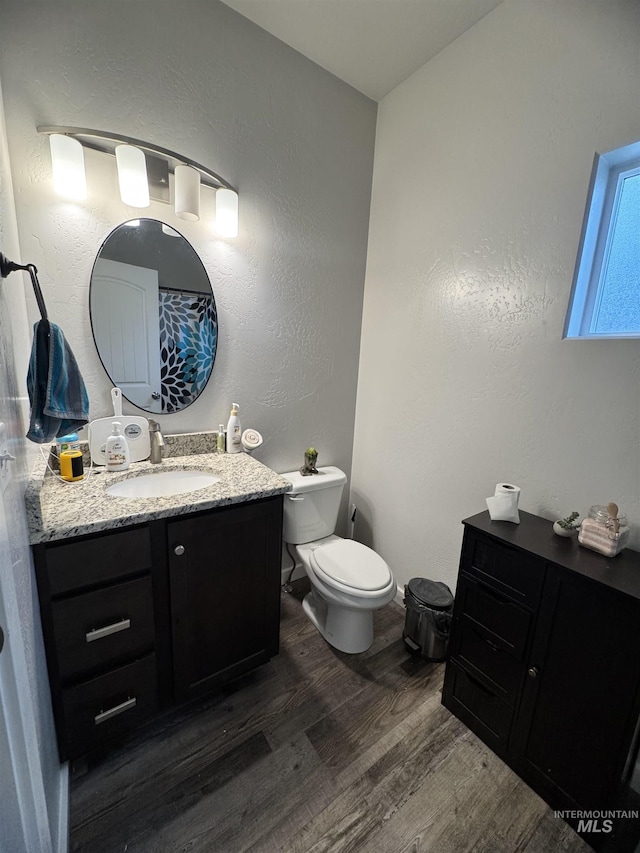 bathroom with vanity, wood-type flooring, and toilet