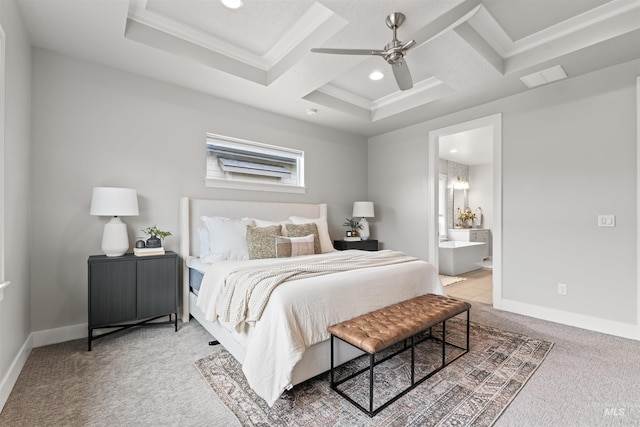 bedroom featuring coffered ceiling, baseboards, visible vents, and carpet flooring