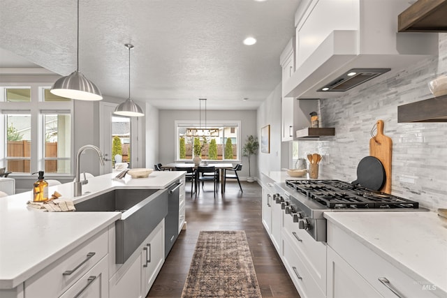 kitchen with dark wood-type flooring, a sink, appliances with stainless steel finishes, backsplash, and wall chimney exhaust hood