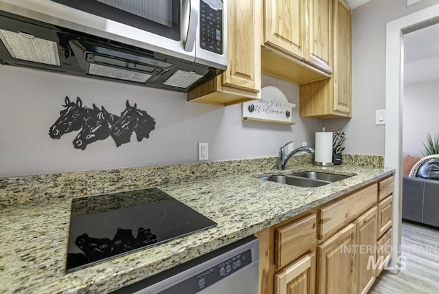 111 Main, Hagerman, ID 83332 - kitchen featuring stainless steel microwave, a sink, light wood-style flooring, light stone countertops, and light brown cabinets