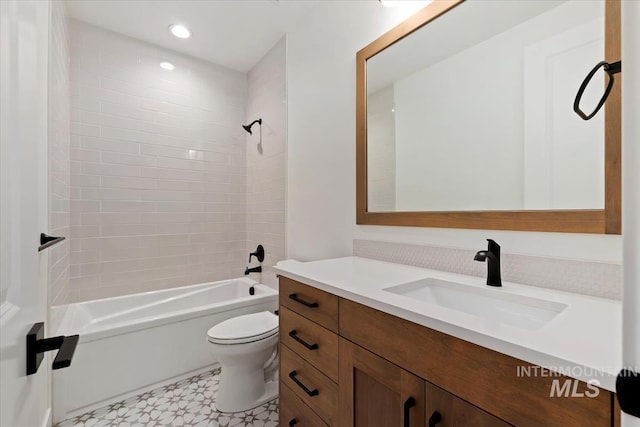 bathroom featuring tile patterned floors, toilet, vanity, shower / bathtub combination, and recessed lighting