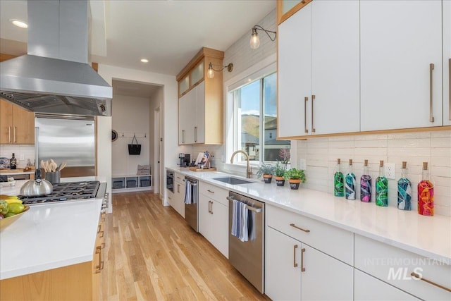 2391 S Trapper Pl, Boise, ID 83716 - kitchen with a sink, appliances with stainless steel finishes, tasteful backsplash, and island range hood