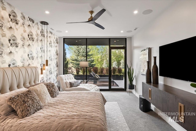 1865 E Lone Shore Ln, Eagle, ID 83616 - carpeted bedroom featuring a wall of windows, access to outside, a ceiling fan, and recessed lighting