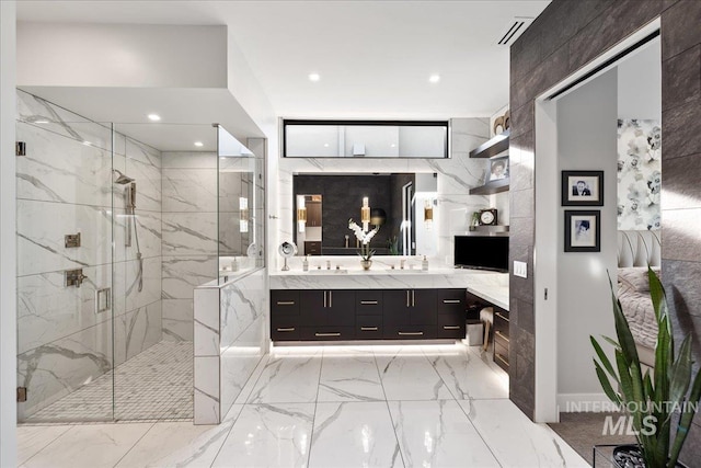 1865 E Lone Shore Ln, Eagle, ID 83616 - bathroom with vanity, recessed lighting, marble finish floor, and a marble finish shower