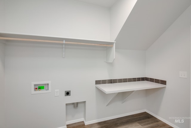 washroom featuring wood finished floors, laundry area, hookup for an electric dryer, hookup for a washing machine, and baseboards