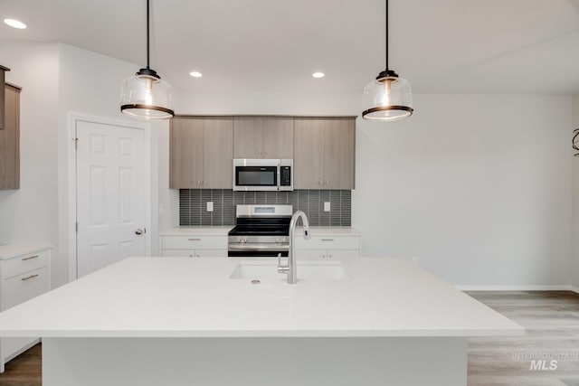 kitchen with light wood finished floors, stainless steel appliances, and light countertops
