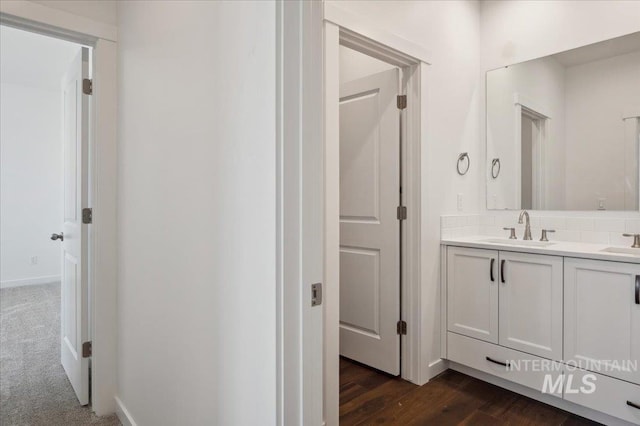 bathroom with wood finished floors, a sink, and double vanity
