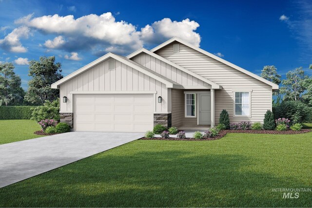 1978 Carlow St, Middleton, ID 83644 - view of front facade featuring an attached garage, concrete driveway, a front lawn, stone siding, and board and batten siding