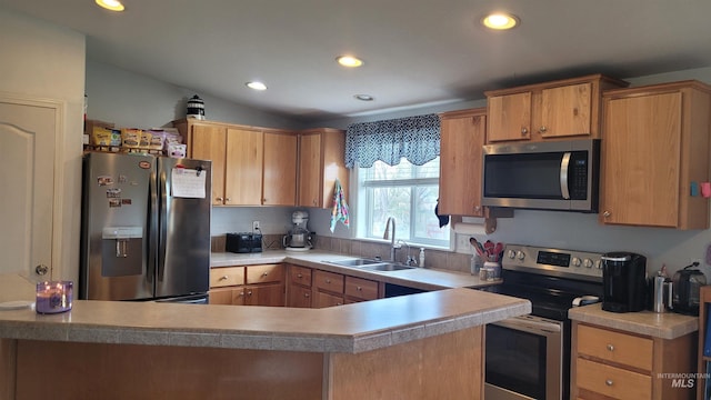 1455 S 2190 E, Malta, ID 83342 - kitchen with appliances with stainless steel finishes, a sink, recessed lighting, light countertops, and vaulted ceiling