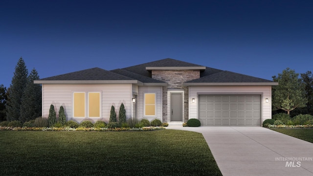 view of front of home featuring a garage, stone siding, driveway, and a front lawn