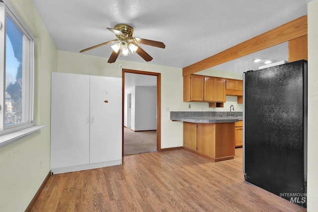 kitchen with sink, ceiling fan, black refrigerator, beamed ceiling, and light wood-type flooring