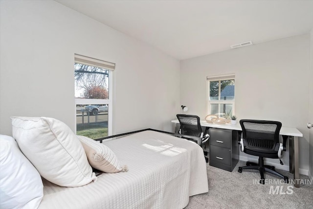 bedroom featuring visible vents, light colored carpet, and multiple windows