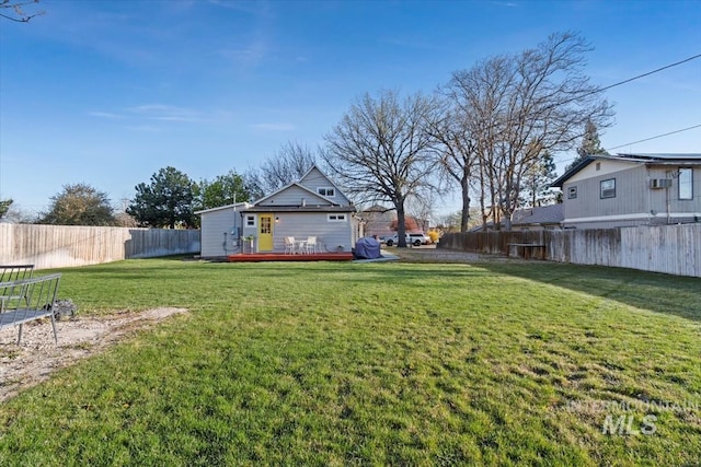 view of yard with a fenced backyard and a deck