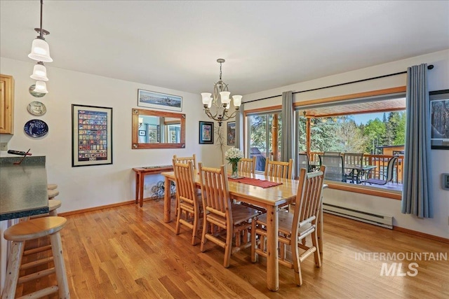 1425 Clements Rd Unit 5, Mccall, ID 83638 - dining area featuring baseboard heating, a chandelier, light wood finished floors, and baseboards