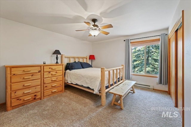 1425 Clements Rd Unit 5, Mccall, ID 83638 - carpeted bedroom with a baseboard heating unit, baseboards, and ceiling fan