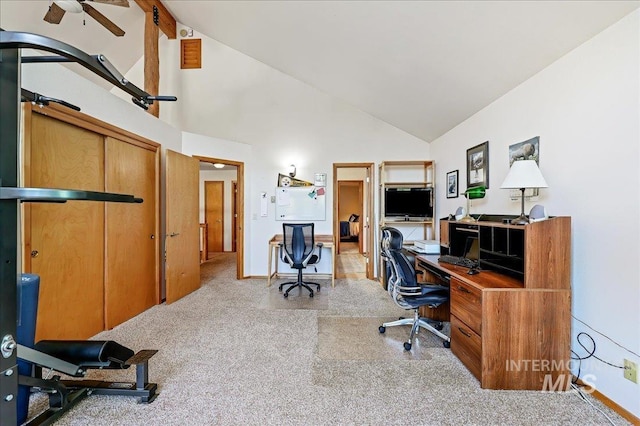 1425 Clements Rd Unit 5, Mccall, ID 83638 - carpeted office with a ceiling fan and high vaulted ceiling
