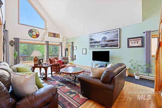 1425 Clements Rd Unit 5, Mccall, ID 83638 - living area featuring high vaulted ceiling, baseboards, wood finished floors, and a baseboard heating unit