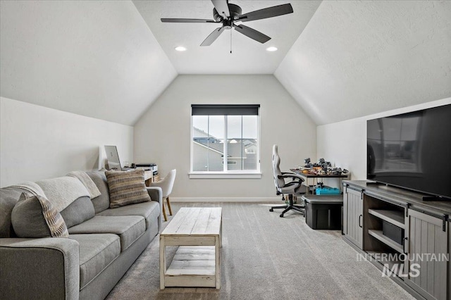 living room with baseboards, lofted ceiling, carpet flooring, recessed lighting, and a ceiling fan