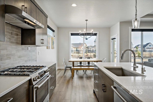 kitchen featuring a sink, dark brown cabinetry, light wood-style floors, under cabinet range hood, and appliances with stainless steel finishes